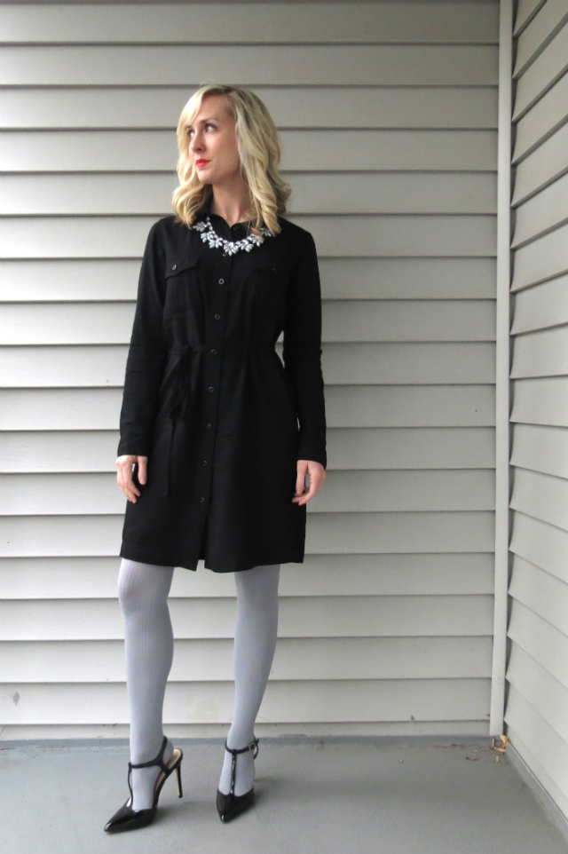 uniqlo shirtdress, gray tights, tights with t-strap pumps, j crew factory statement necklace