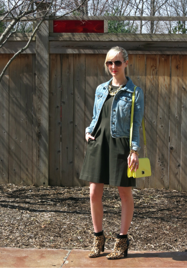 madewell parkline dress, sam edelman leopard booties, forever 21 jean jacket, j crew pearl necklace, yellow crossbody bag, spring style 2014