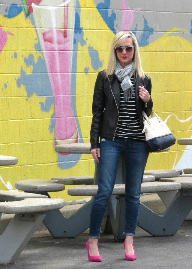 express minus the leather jacket, loft striped tee, sole society pink pumps, loft sunglasses