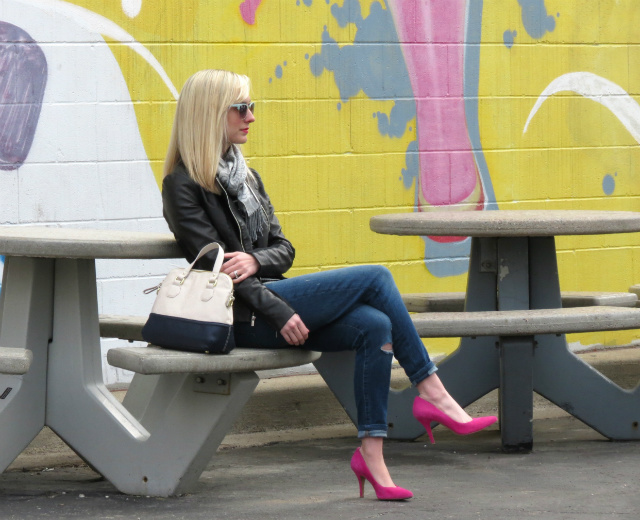 express minus the leather jacket, loft striped tee, sole society pink pumps, loft sunglasses