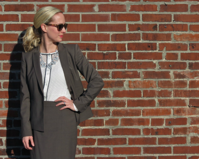 ann taylor suit, q mack blouse, j crew factory statement necklace, sam libby target flats