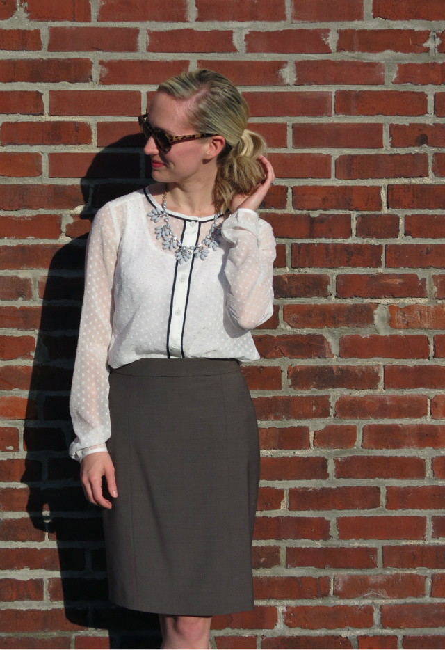 ann taylor suit, q mack blouse, j crew factory statement necklace, sam libby target flats