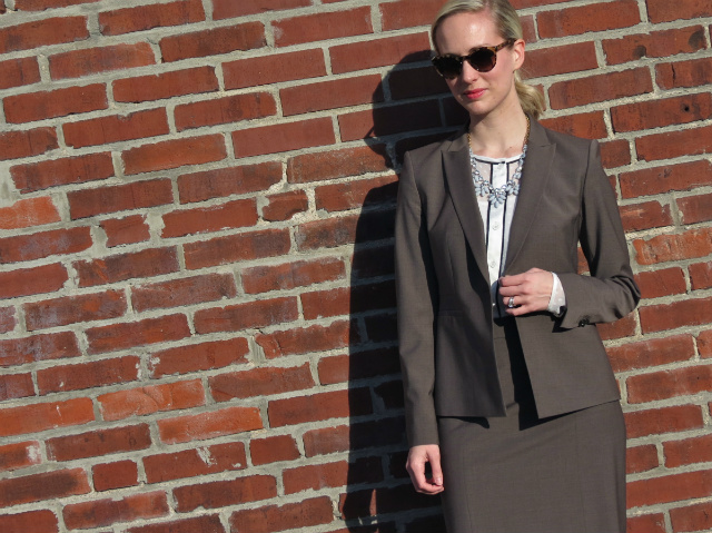 ann taylor suit, q mack blouse, j crew factory statement necklace, sam libby target flats