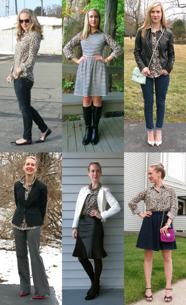 one shirt different ways, leopard is a neutral, leopard button up shirt, wardrobe remix