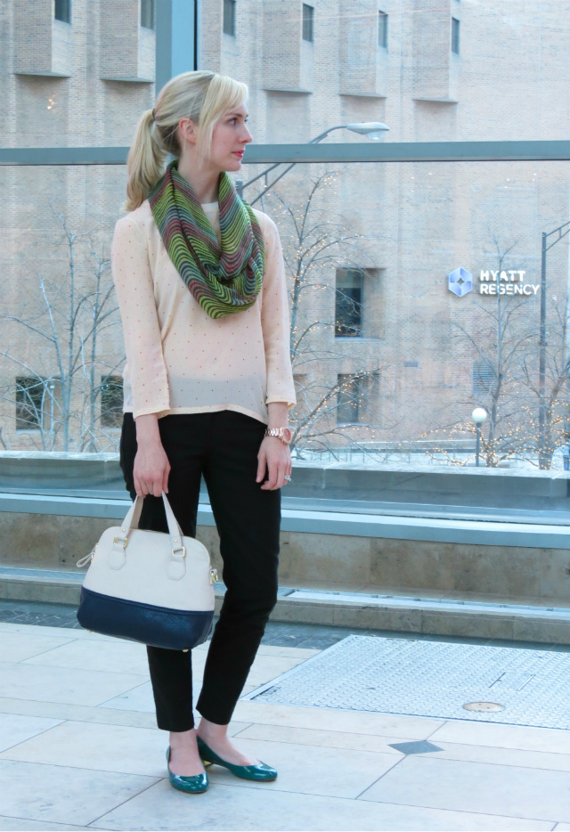 silk polka dot tee, ann taylor skinny pants, j crew flats, rose gold watch, indianapolis style blog