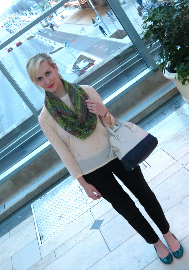 silk polka dot tee, ann taylor skinny pants, j crew flats, rose gold watch, indianapolis style blog