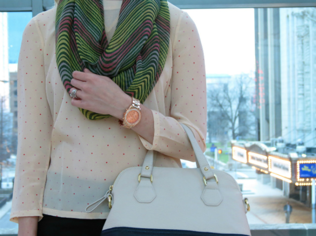 silk polka dot tee, ann taylor skinny pants, j crew flats, rose gold watch, indianapolis style blog