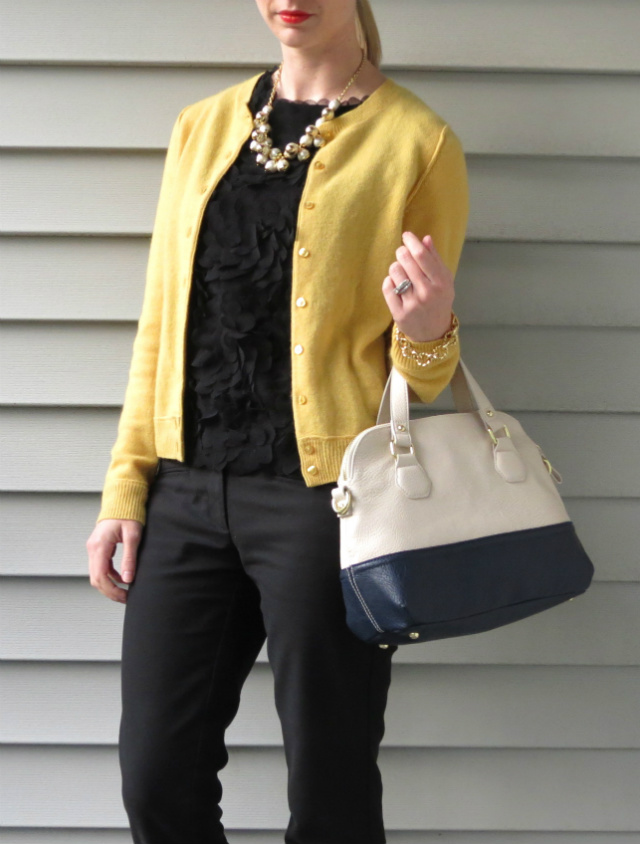 yellow cashmere cardigan, skinny black pants, cobalt pumps, colorblock bag, cluster pearl necklace