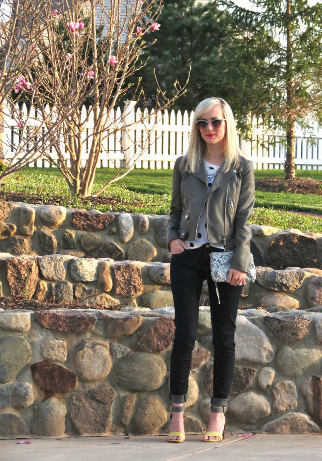 h&m faux leather jacket, polka dot tee, american eagle jeggings, chinese laundry sandals, snakeskin clutch, loft mint sunglasses