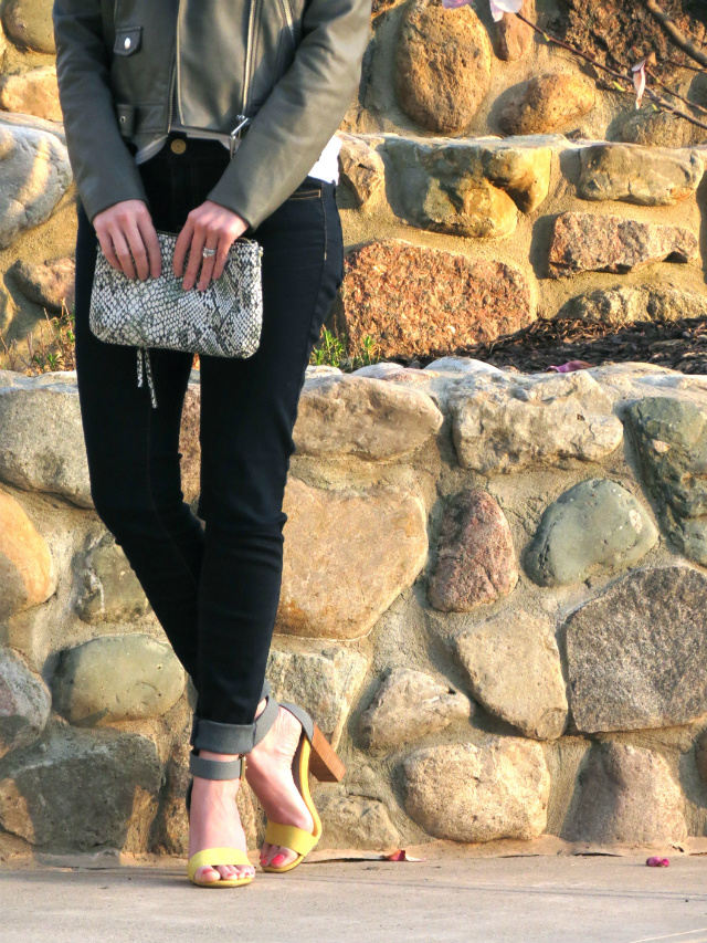 h&m faux leather jacket, polka dot tee, american eagle jeggings, chinese laundry sandals, snakeskin clutch, loft mint sunglasses