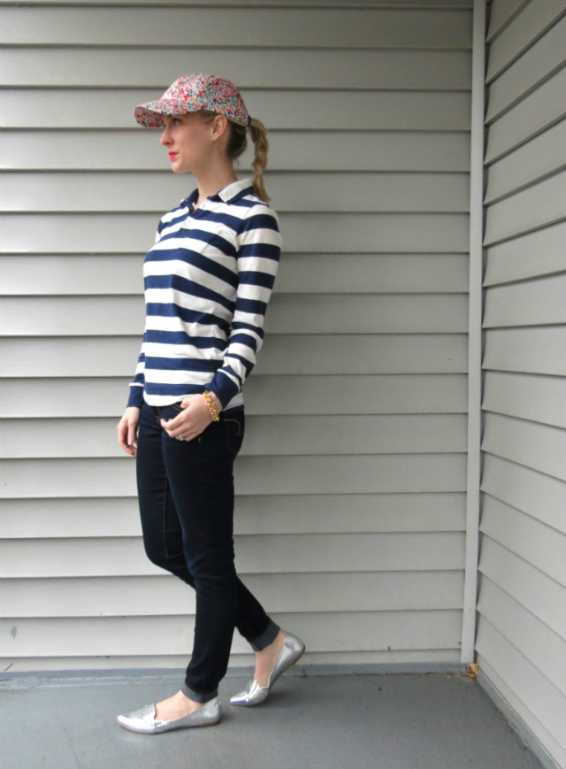 j crew boys striped polo, shoemint silver flats, j crew floral baseball cap