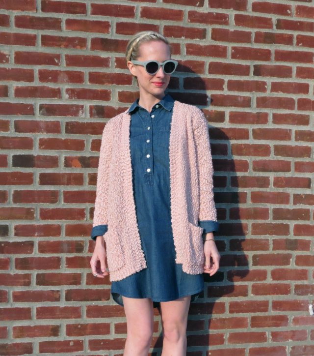 blush cardigan, chambray dress, studded loafers, midi ring, hepcat shades