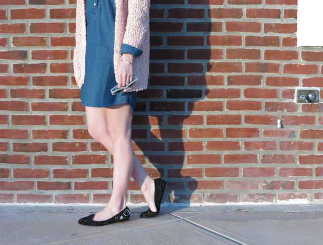 blush cardigan, chambray dress, studded loafers, midi ring, hepcat shades