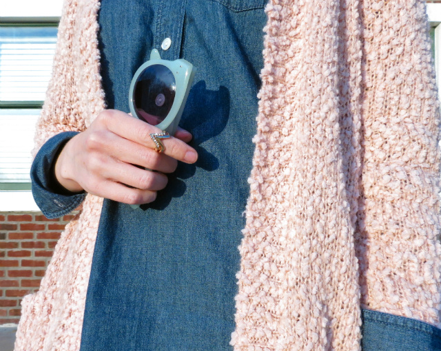 blush cardigan, chambray dress, studded loafers, midi ring, hepcat shades