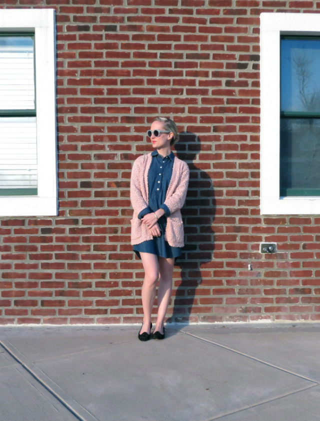 blush cardigan, chambray dress, studded loafers, midi ring, hepcat shades