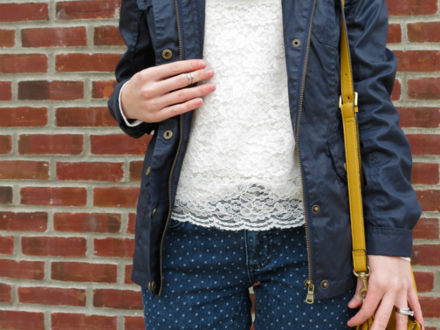 target field jacket, lace tee, polka dot jeans, hunter boots, phillip lim for target bag, indianapolis style blog