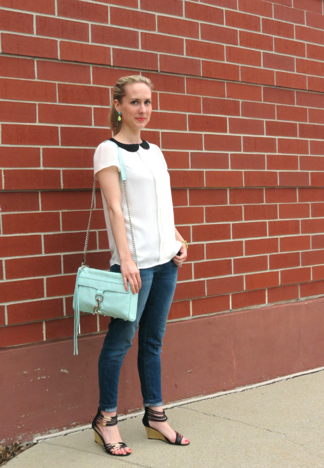 peter pan collar, shoemint gold wedges, mint rebecca minkoff bag, windowpane jacket