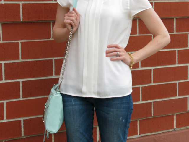 peter pan collar, shoemint gold wedges, mint rebecca minkoff bag, windowpane jacket