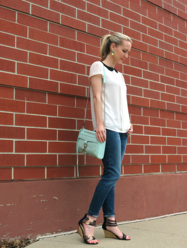 peter pan collar, shoemint gold wedges, mint rebecca minkoff bag, windowpane jacket