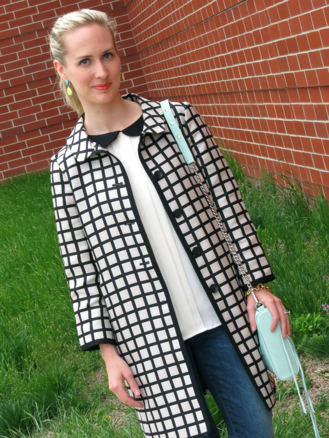 peter pan collar, shoemint gold wedges, mint rebecca minkoff bag, windowpane jacket