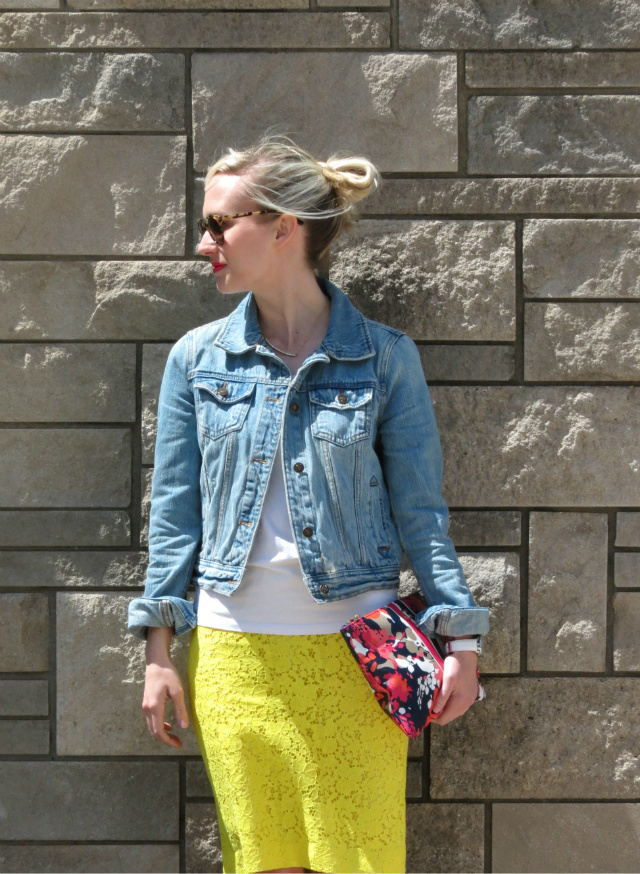 neon pencil skirt, white tee, jean jacket, c wonder clutch, steve madden gold sandals, indianapolis style blog