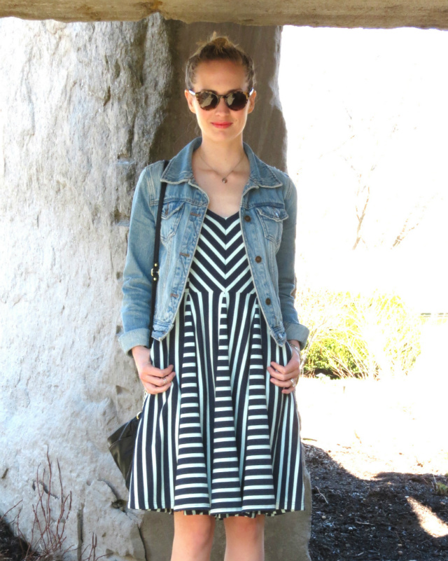 striped fit and flare dress, forever 21 jean jacket, nine west shoes, oliver winery