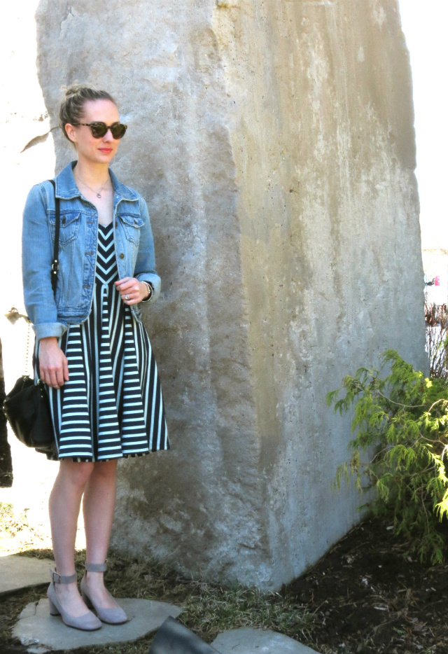 striped fit and flare dress, forever 21 jean jacket, nine west shoes, oliver winery