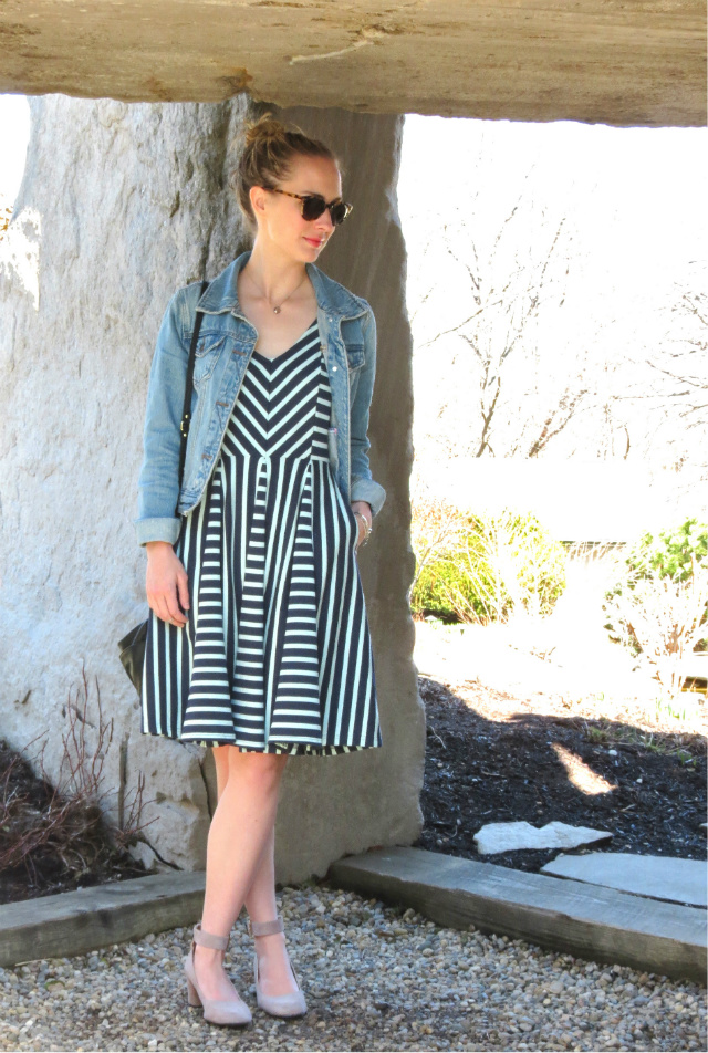 striped fit and flare dress, forever 21 jean jacket, nine west shoes, oliver winery