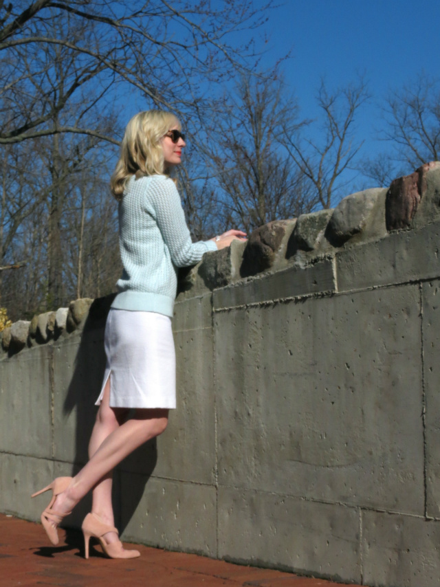 loft pastel sweater, white pencil skirt, sole society pumps