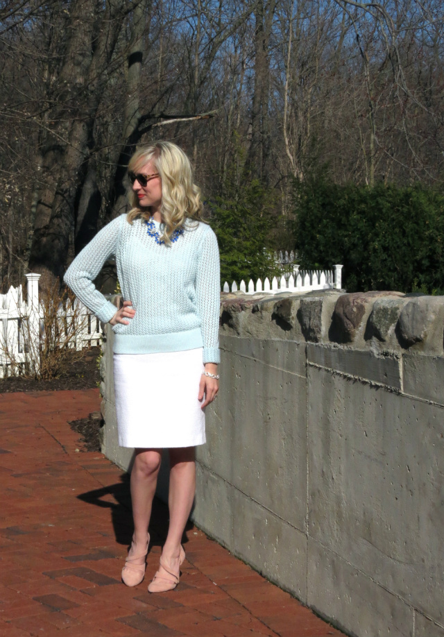 loft pastel sweater, white pencil skirt, sole society pumps