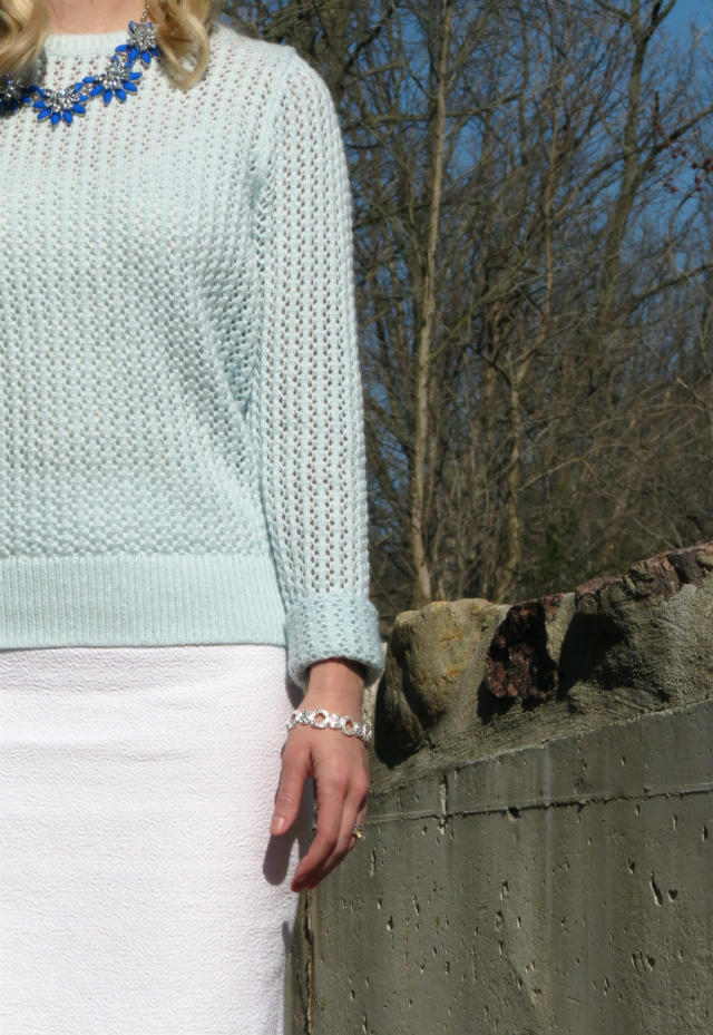 loft pastel sweater, white pencil skirt, sole society pumps