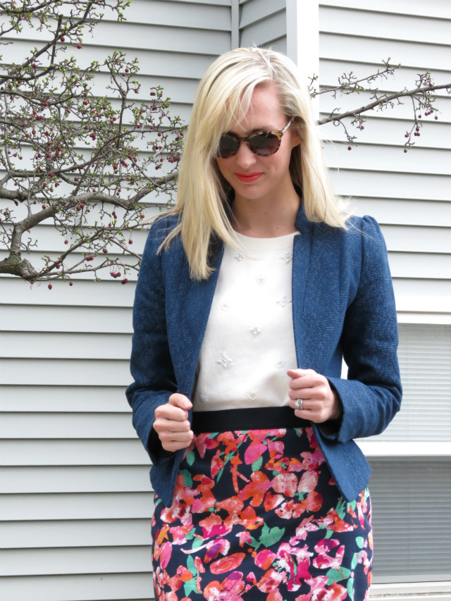 floral pencil skirt, h&m blazer, j crew jeweled sweatshirt, jessica simpson nude pumps, indianapolis style blog