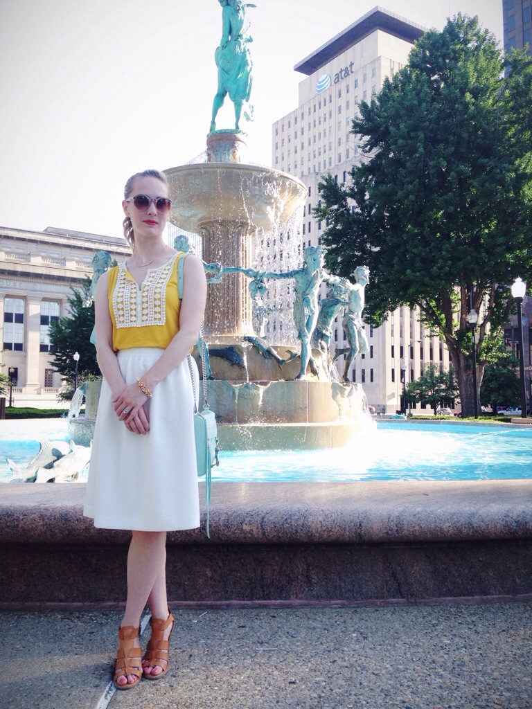 white midi skirt, yellow top, mint rebecca minkoff bag, spike bracelet, indianapolis style blog