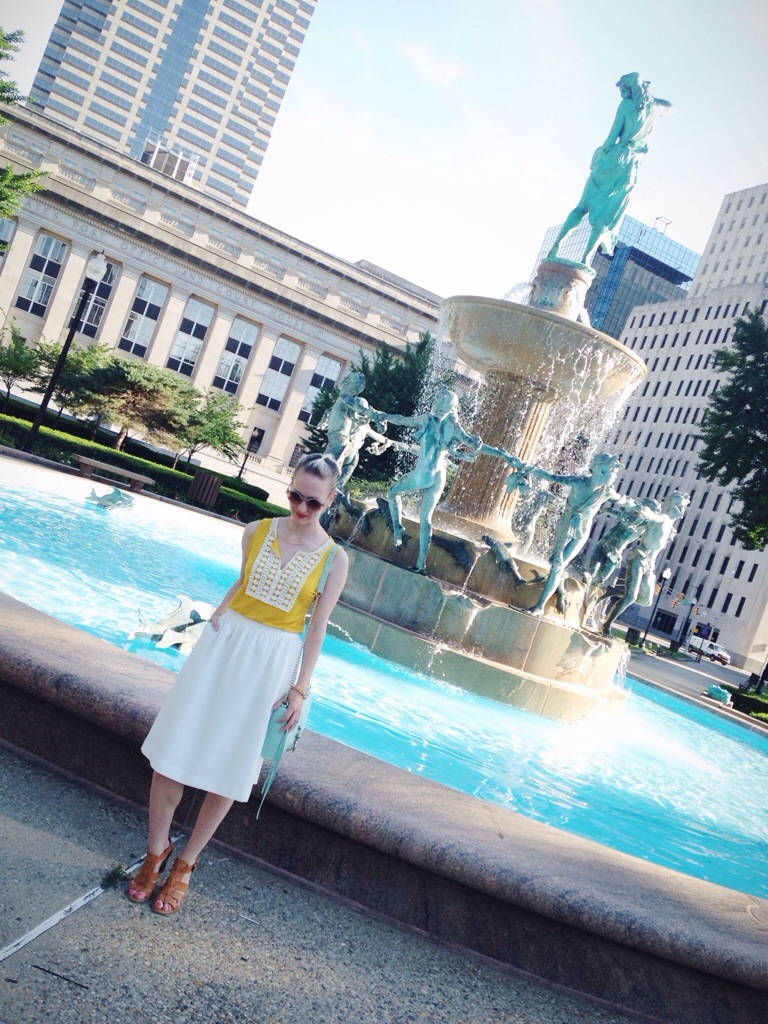 white midi skirt, yellow top, mint rebecca minkoff bag, spike bracelet, indianapolis style blog