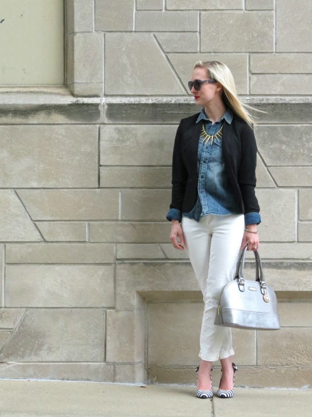 madewell chambray, white jeans, anne klein silver satchel, striped slingbacks, spike necklace