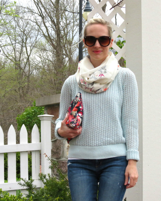 pastel blue sweater, joe's jeans, cut out ankle boots, floral infinity scarf, c wonder pouch, oversized sunglasses
