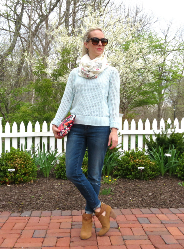 pastel blue sweater, joe's jeans, cut out ankle boots, floral infinity scarf, c wonder pouch, oversized sunglasses