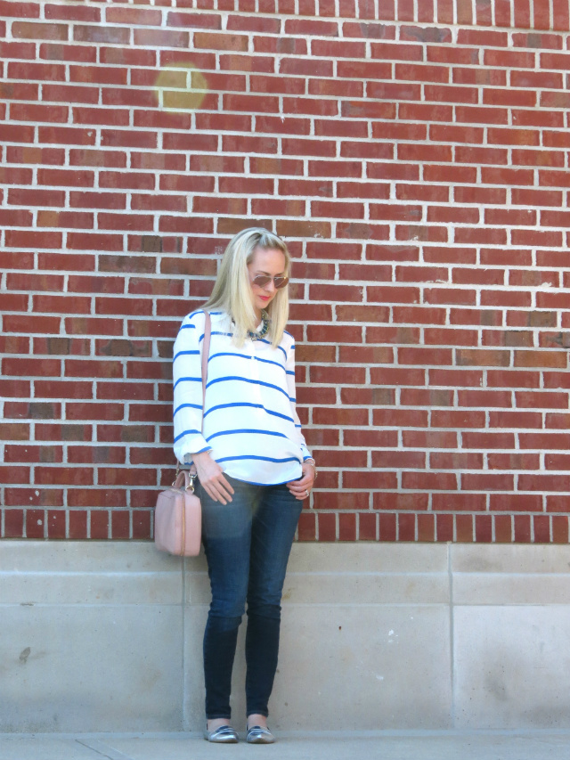 j crew popover, loft denim statement necklace, silver flats, forever 21 blush bag, pink mirrored ray ban aviators
