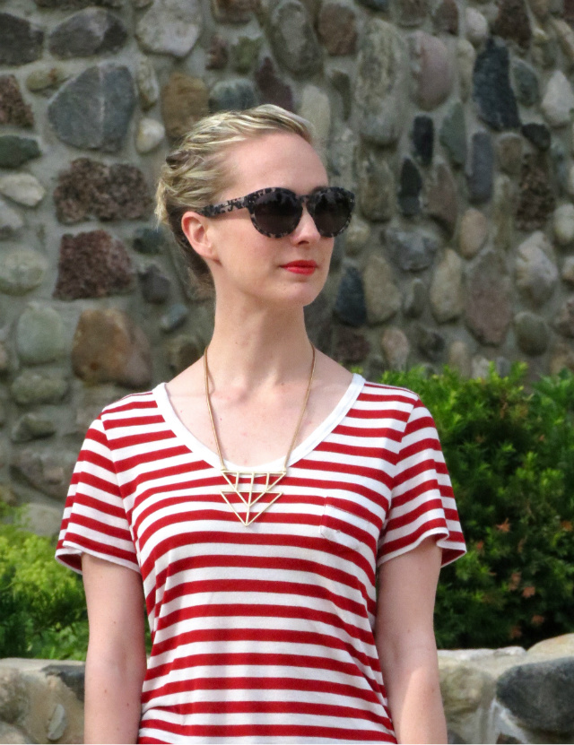 red striped tee, gold loafers, timex weekender watch, madewell oversize hepcat shades, geometric necklace