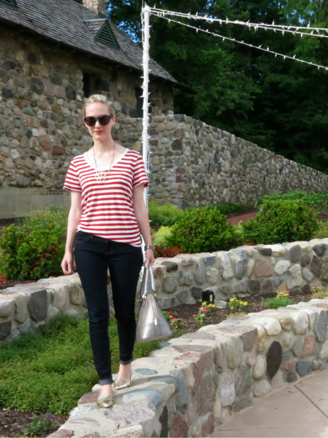 red striped tee, gold loafers, timex weekender watch, madewell oversize hepcat shades, geometric necklace