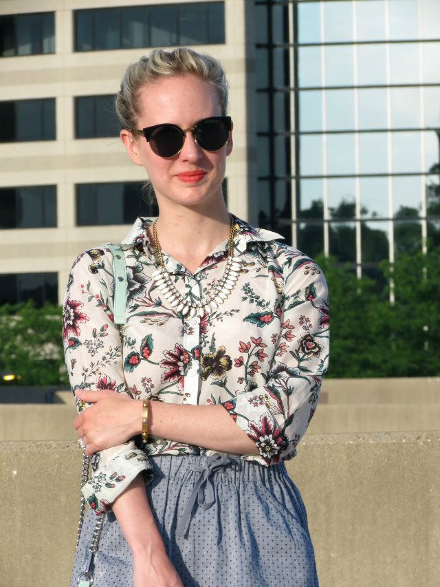 loft wallpaper floral shirt, chambray skirt, report tan sandals, mint rebecca minkoff bag