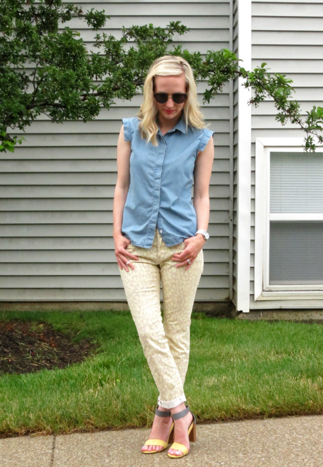 chinese laundry colorblock sandals, pastel patterned jeans, kate spade saturday chambray top