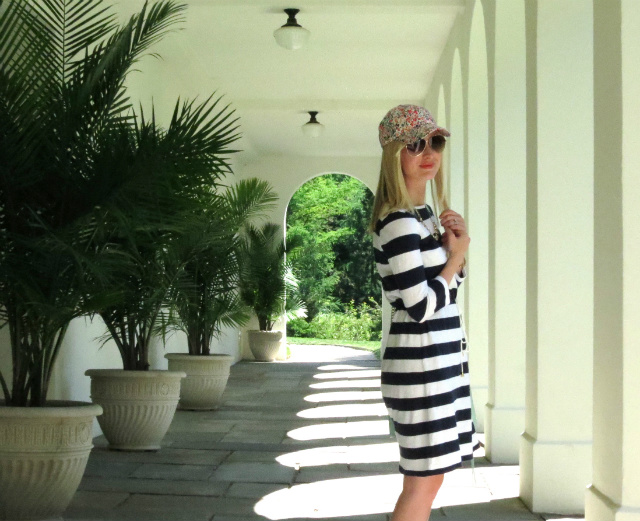 casual striped dress, floral baseball cap, rebecca minkoff mac, lilac flats, weekend outfit ideas
