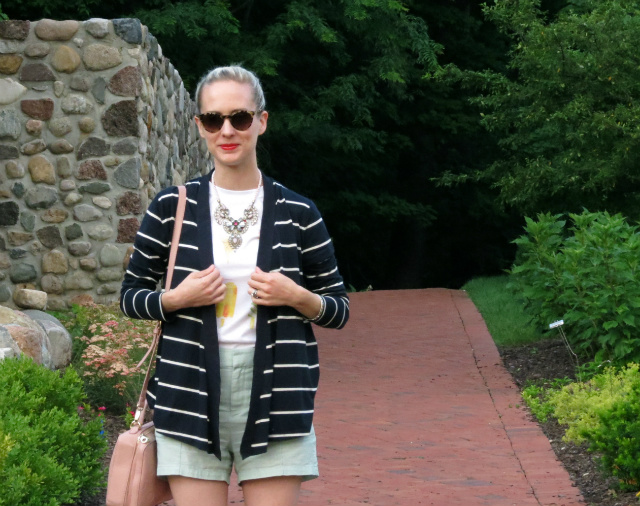 ice cream tee, striped cardigan, mint linen shorts, statement necklace