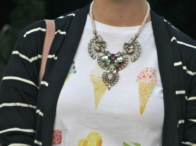 ice cream tee, striped cardigan, mint linen shorts, statement necklace