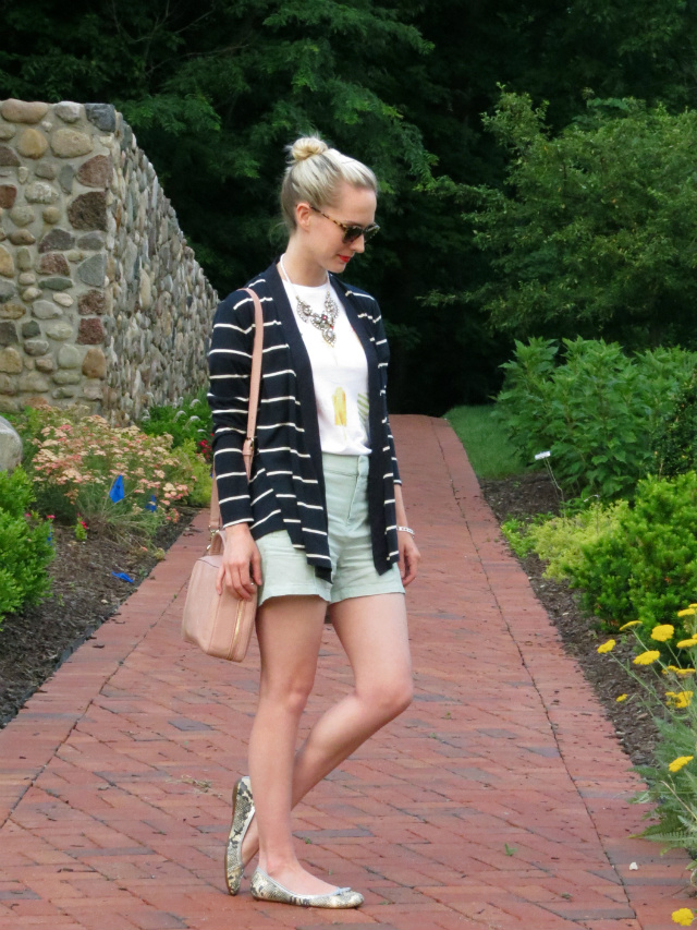 ice cream tee, striped cardigan, mint linen shorts, statement necklace