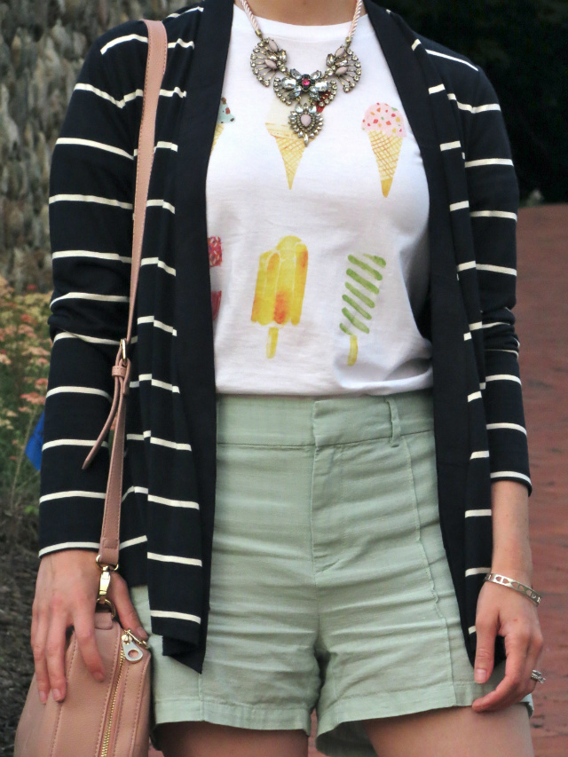 ice cream tee, striped cardigan, mint linen shorts, statement necklace