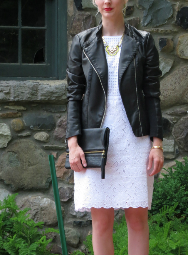 white eyelet dress, faux leather jacket, t-strap pumps, stella & dot pendant