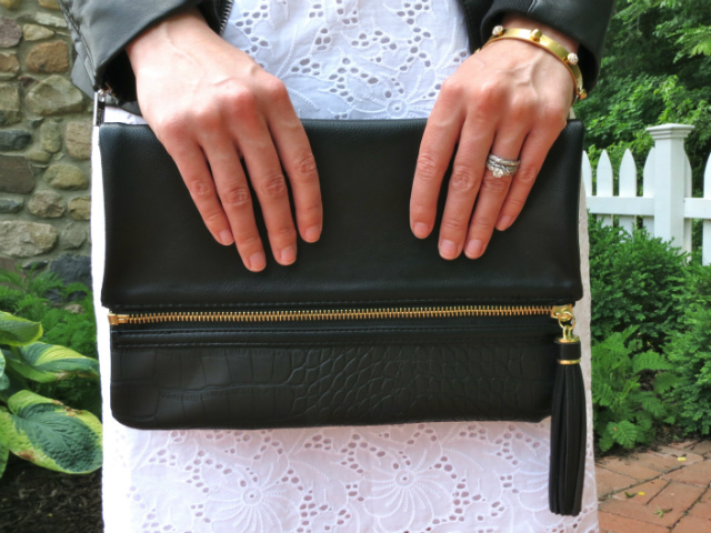 white eyelet dress, faux leather jacket, t-strap pumps, stella & dot pendant