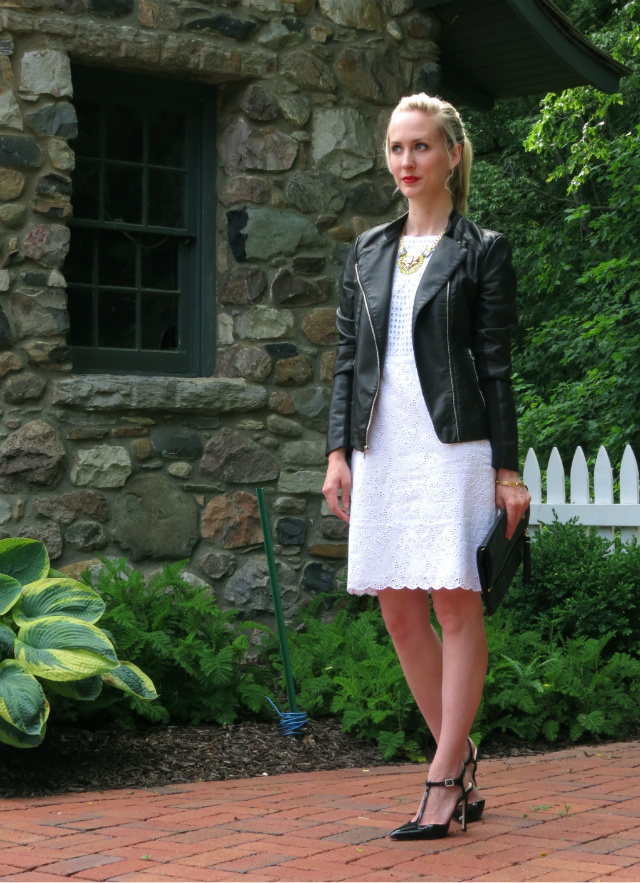 white eyelet dress, faux leather jacket, t-strap pumps, stella & dot pendant